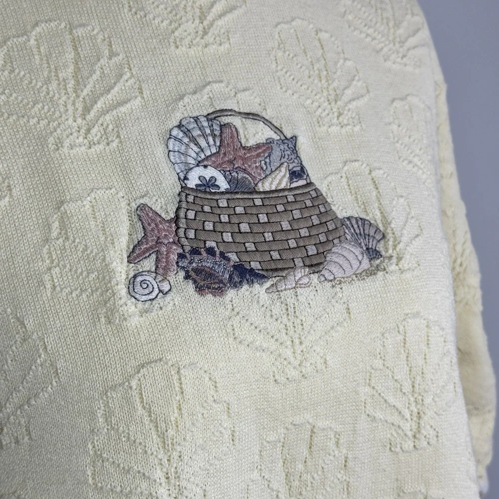 Vintage La Moda Cotton Ramie Textured Shell Motif Knit SS Sweater Yellow Sz L